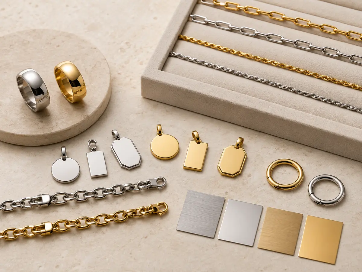 304 and 316 stainless steel jewelry with silver and 18K gold PVD vacuum-plated finishes
