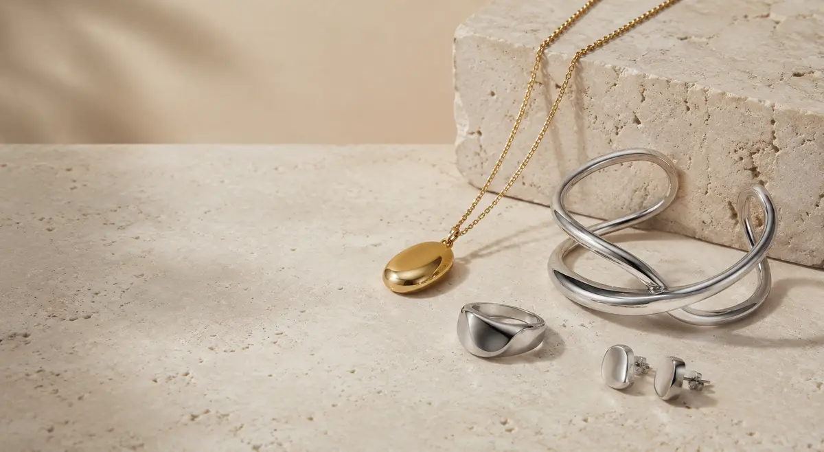 Minimal stainless steel necklace bracelet ring and earrings