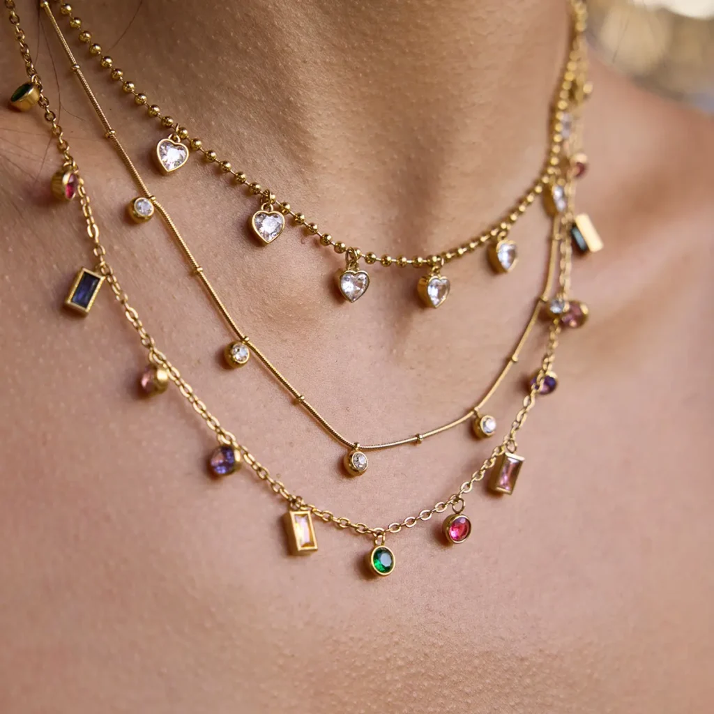 Layered gemstone stainless steel necklaces