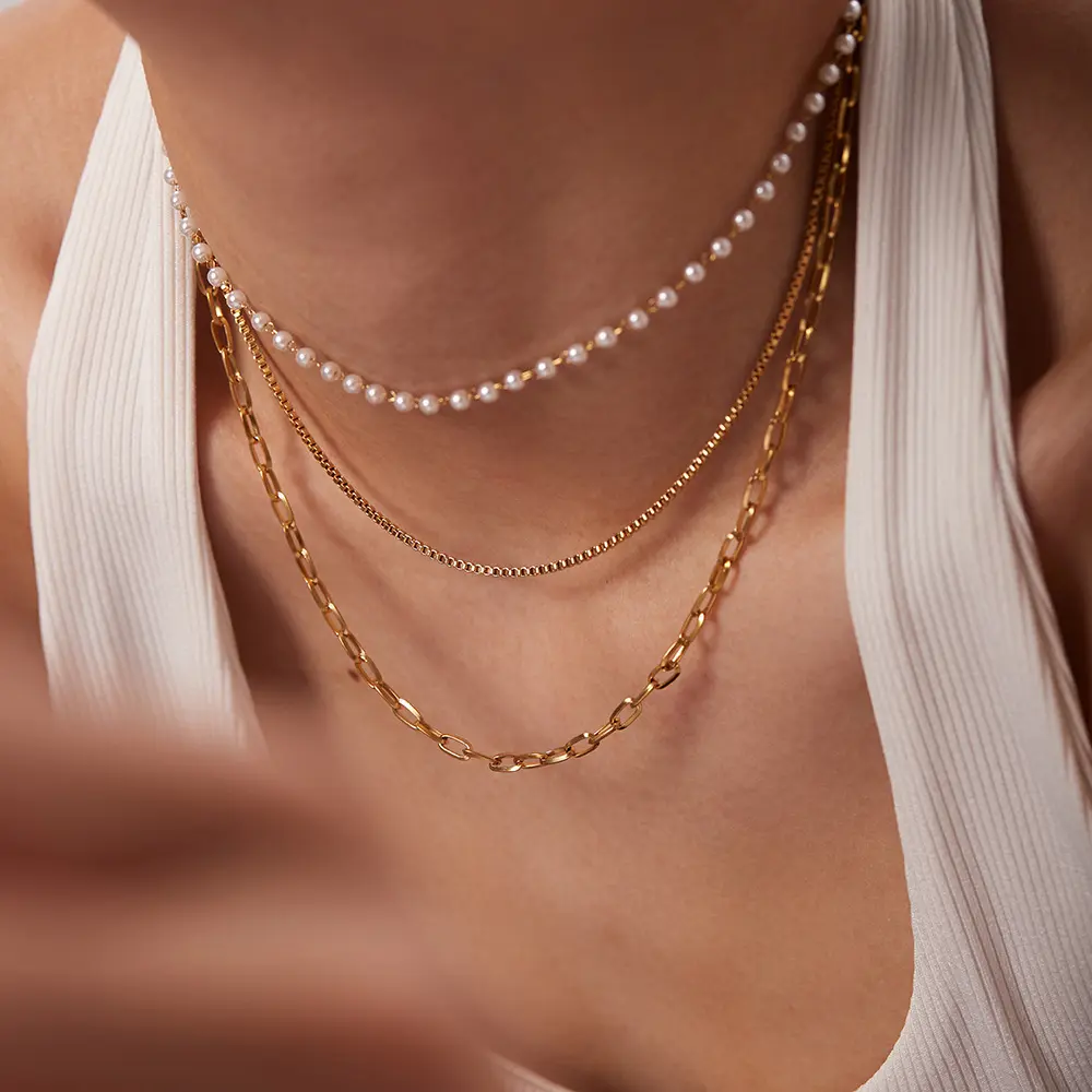 Pearl and gold layered stainless steel necklaces