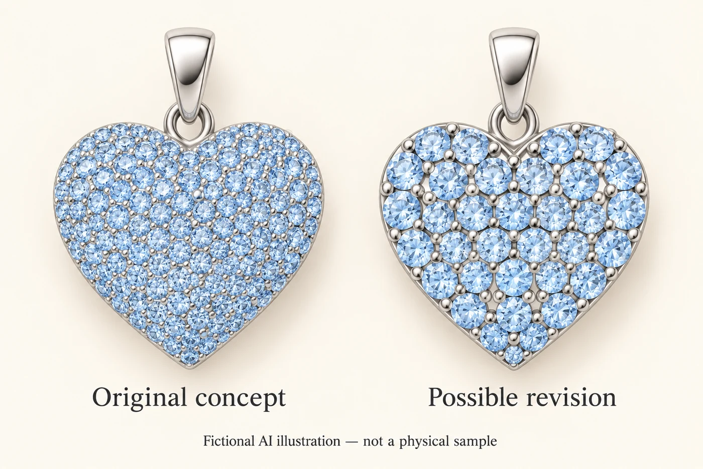 Fictional AI illustration comparing dense small stones with a revised heart pendant stone layout
