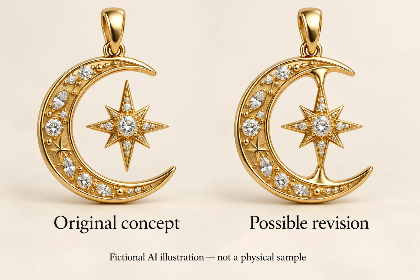 Fictional AI illustration comparing a floating star with possible support bridges inside a crescent