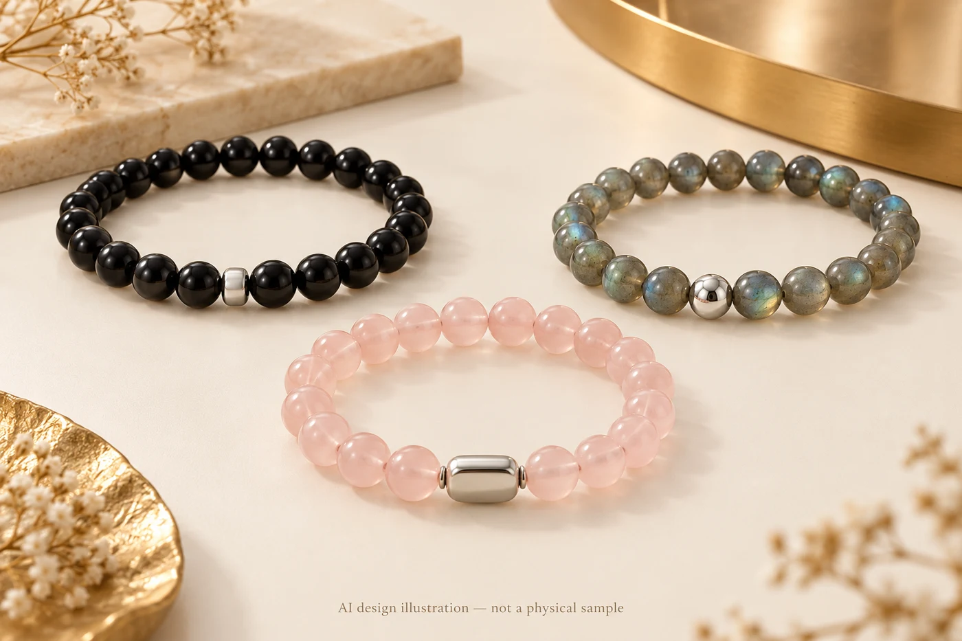 AI design illustration of three bead bracelet color directions with metal details