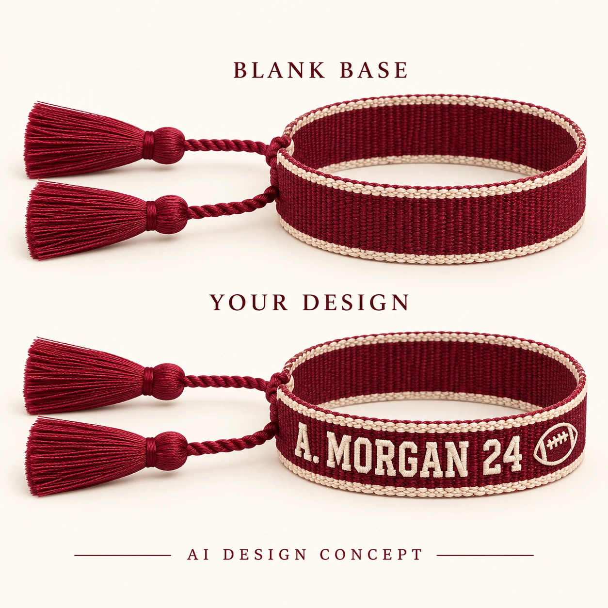 AI concept comparing a burgundy with cream edging blank woven bracelet with the exact custom text A. MORGAN 24 and an American football