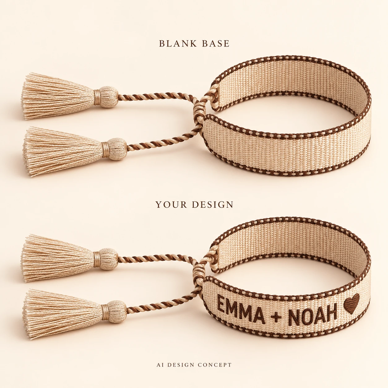 AI concept comparing a champagne beige with brown edging blank woven bracelet with EMMA + NOAH and a brown heart