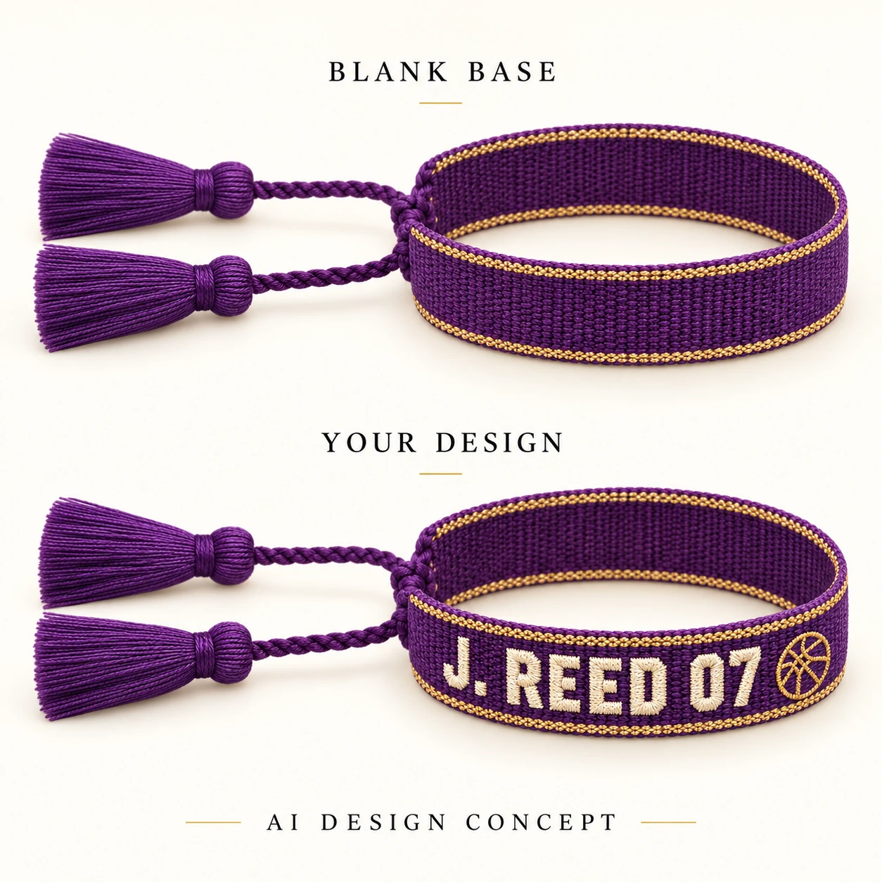 AI concept comparing a deep purple with gold edging blank woven bracelet with the exact custom text J. REED 07 and a basketball