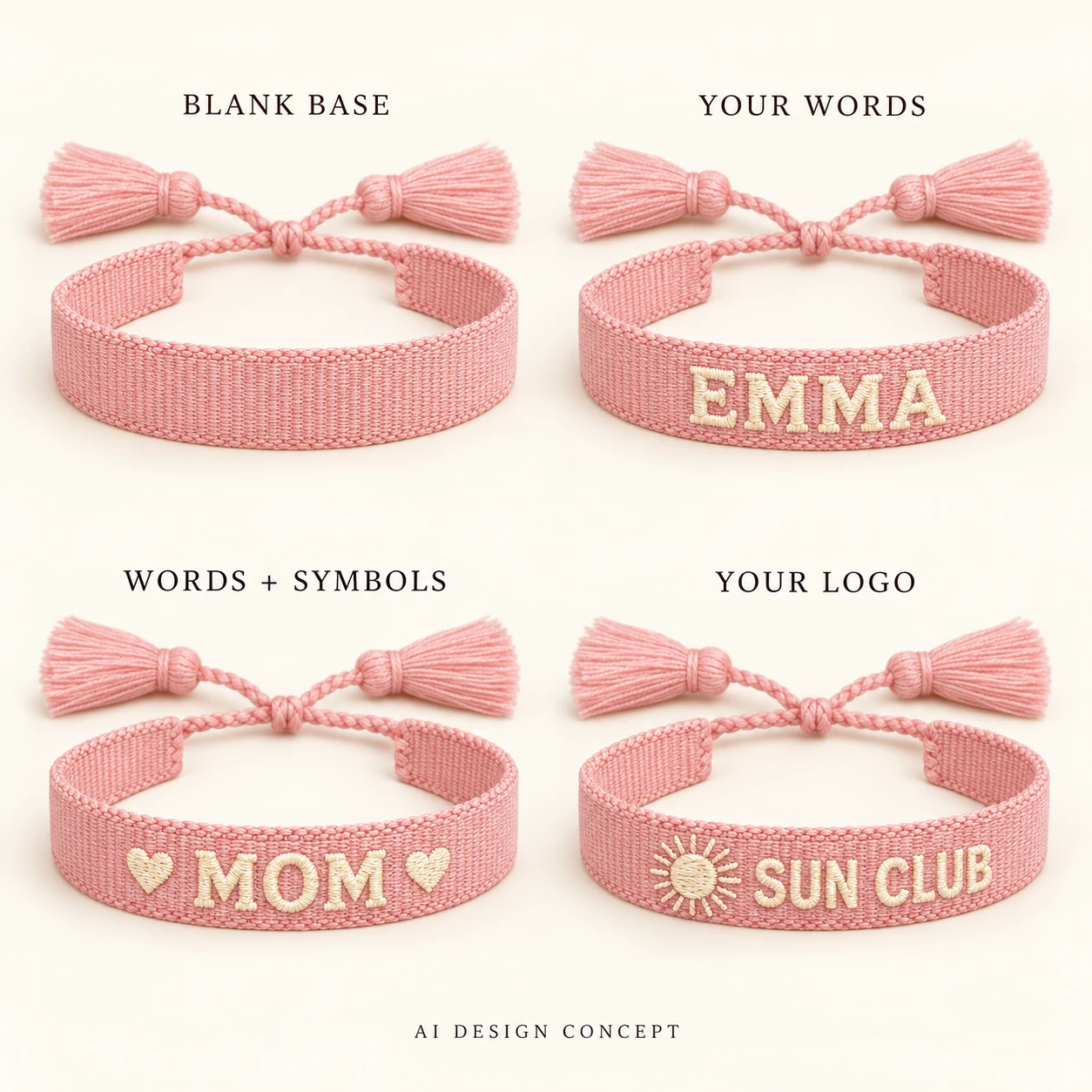 AI design comparison of the same pink blank woven base with EMMA lettering, MOM and hearts, and a fictional SUN CLUB logo