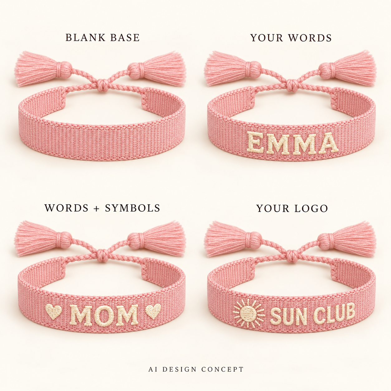 AI design concept showing a blank woven bracelet and personalized lettering effect