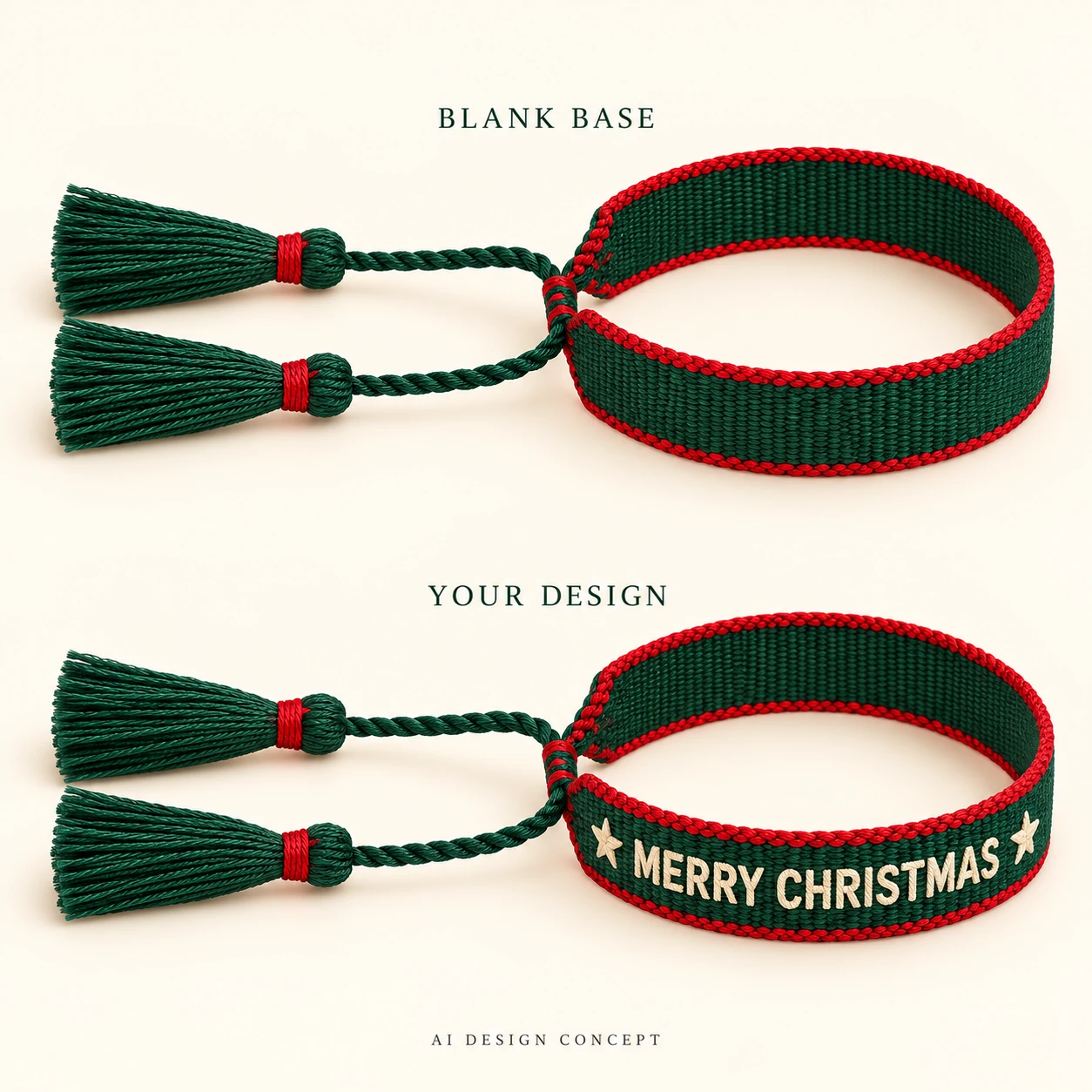AI concept comparing a pine green with red edging blank woven bracelet with MERRY CHRISTMAS and two cream stars