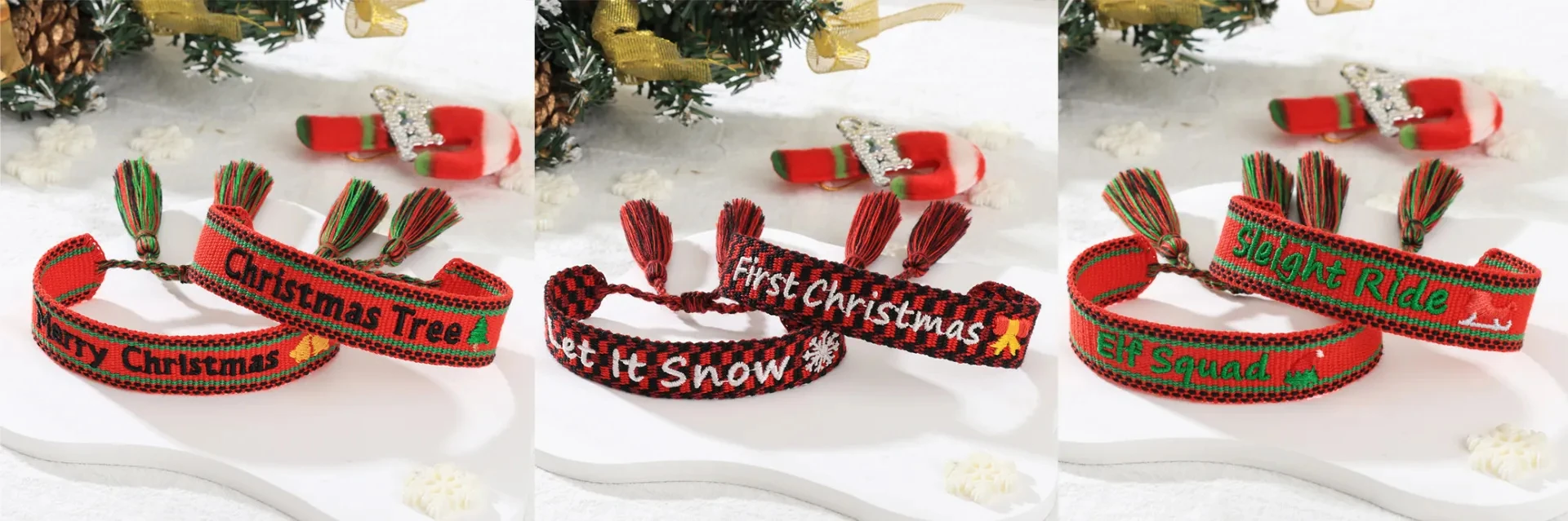 ZM54 Christmas bracelet catalog samples demonstrating festive color and actual embroidered wording