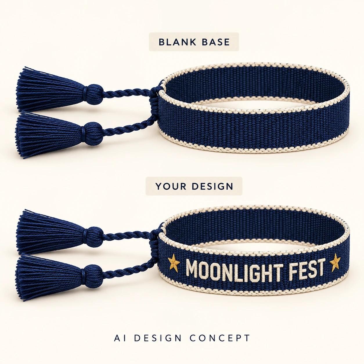 AI concept comparing a midnight navy with ivory edging blank woven bracelet with the exact custom text MOONLIGHT FEST and two small gold stars