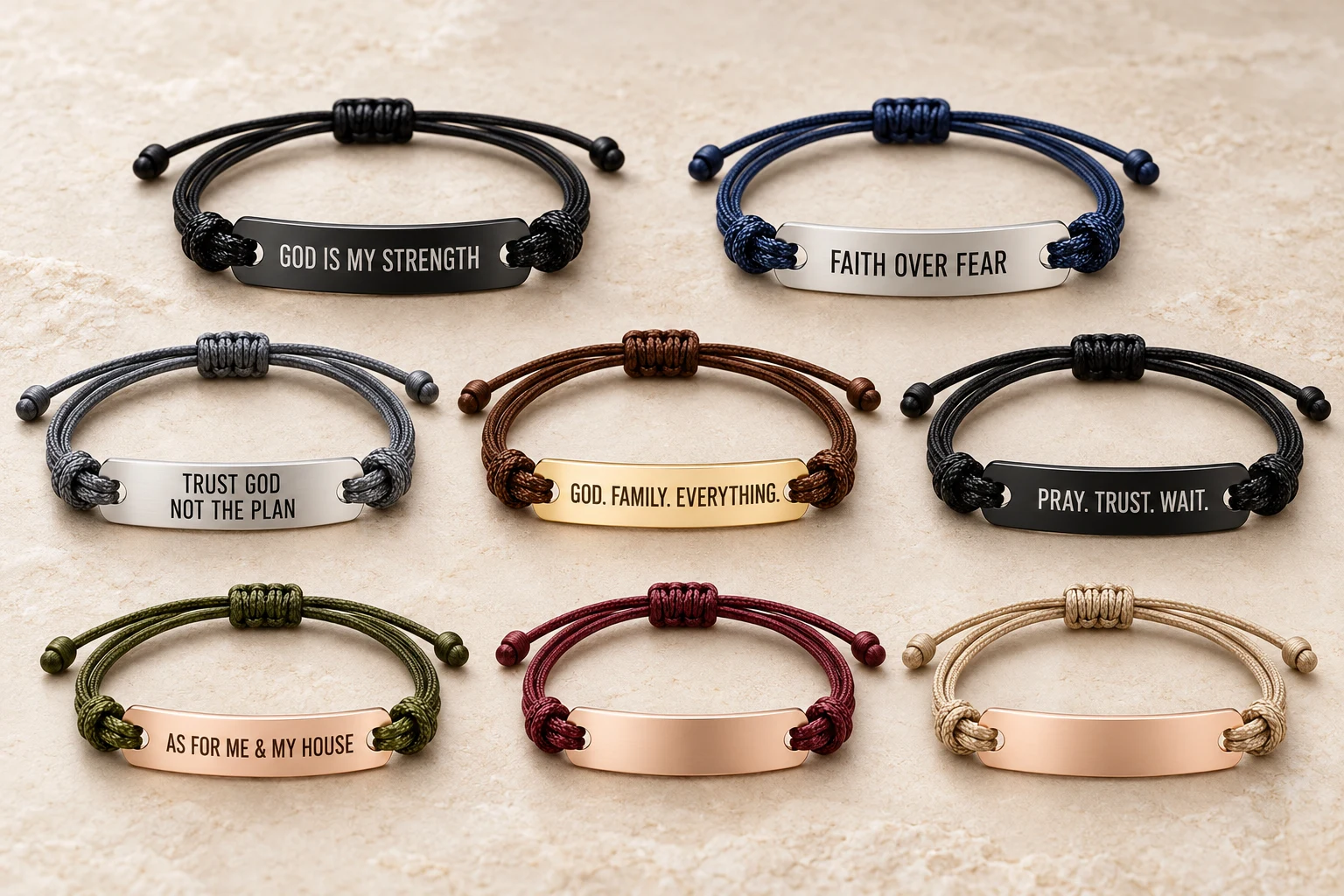AI design concepts of adjustable cord bracelets in multiple cord colors with personalized metal message bars