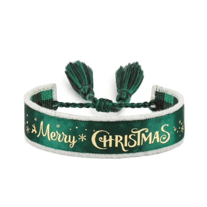 Actual dark green ZM83-85 embroidered woven bracelet with Merry CHRISTMAS wording and contrasting light edging
