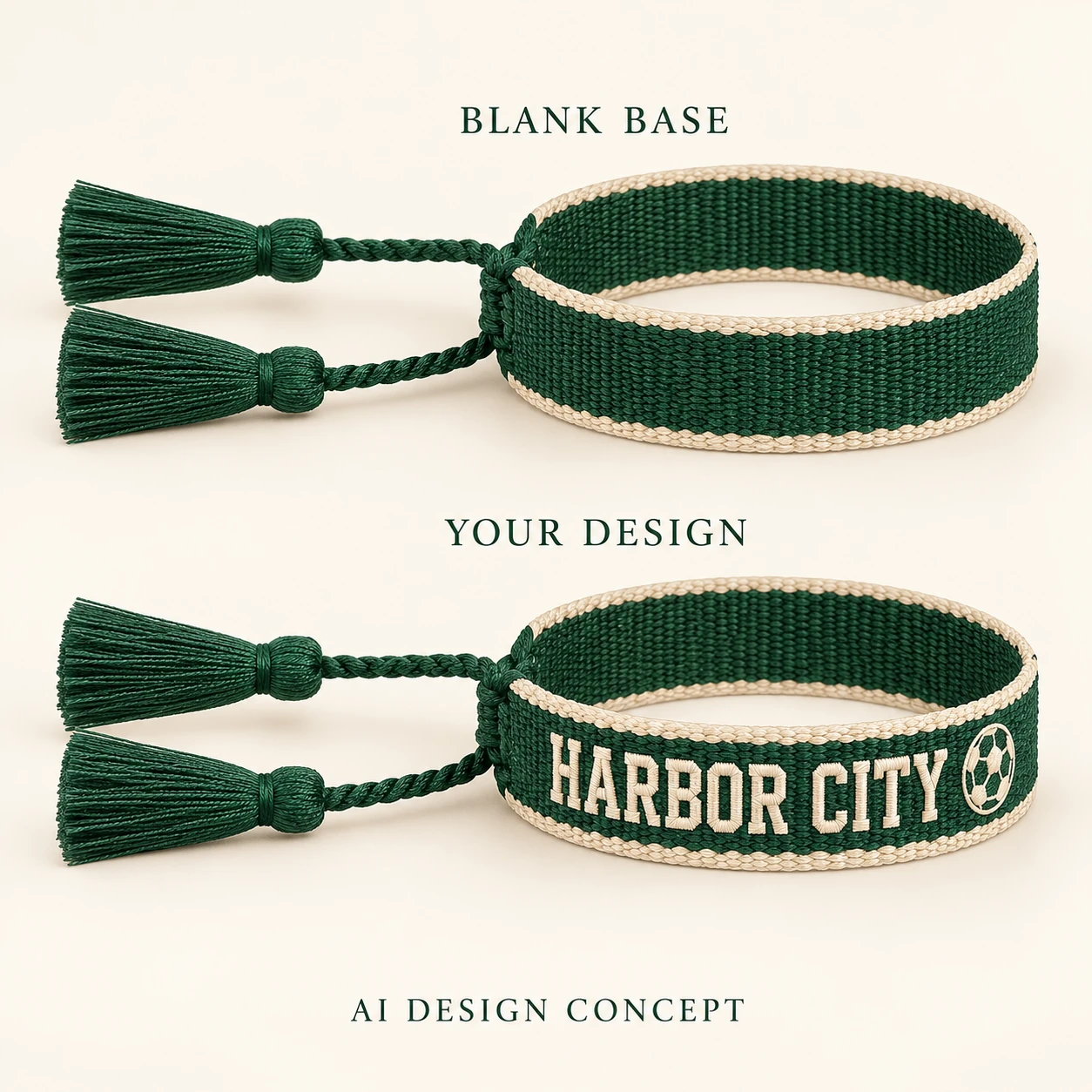 AI concept comparing a forest green with cream edging blank woven bracelet with the exact custom text HARBOR CITY and a soccer ball