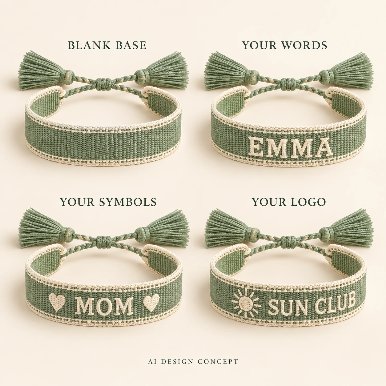 AI comparison of a sage green blank bracelet base with EMMA text, MOM with heart symbols and fictional SUN CLUB logo