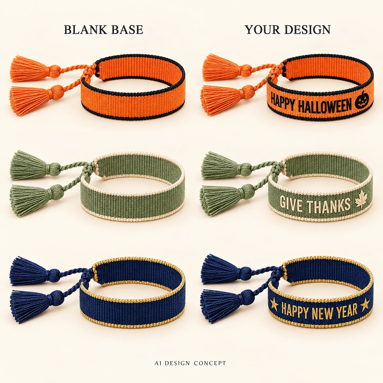 AI concept comparison of orange HAPPY HALLOWEEN, sage GIVE THANKS and navy HAPPY NEW YEAR blank and customized bracelets