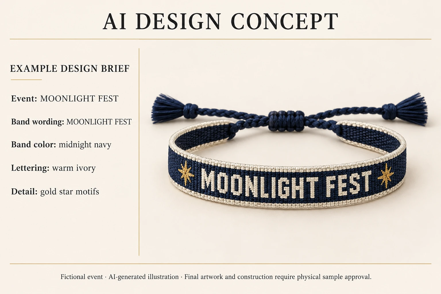 AI design concept matching a fictional MOONLIGHT FEST brief to a navy woven bracelet with ivory lettering and gold star motifs