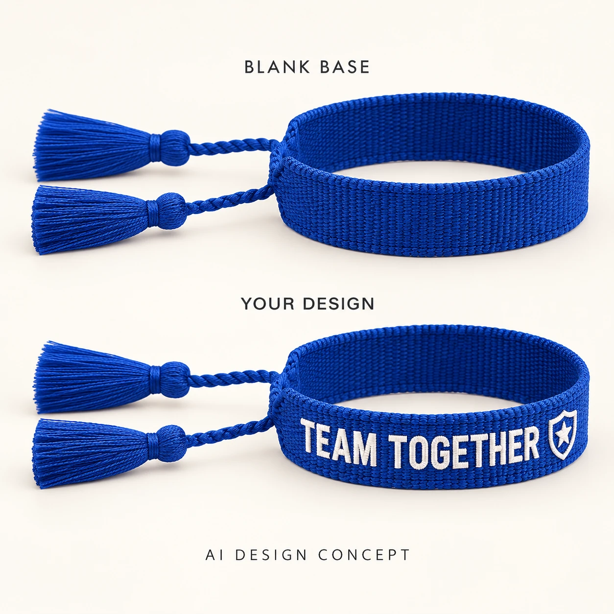 AI concept comparing a royal blue blank woven bracelet with the exact custom text TEAM TOGETHER and an original shield symbol