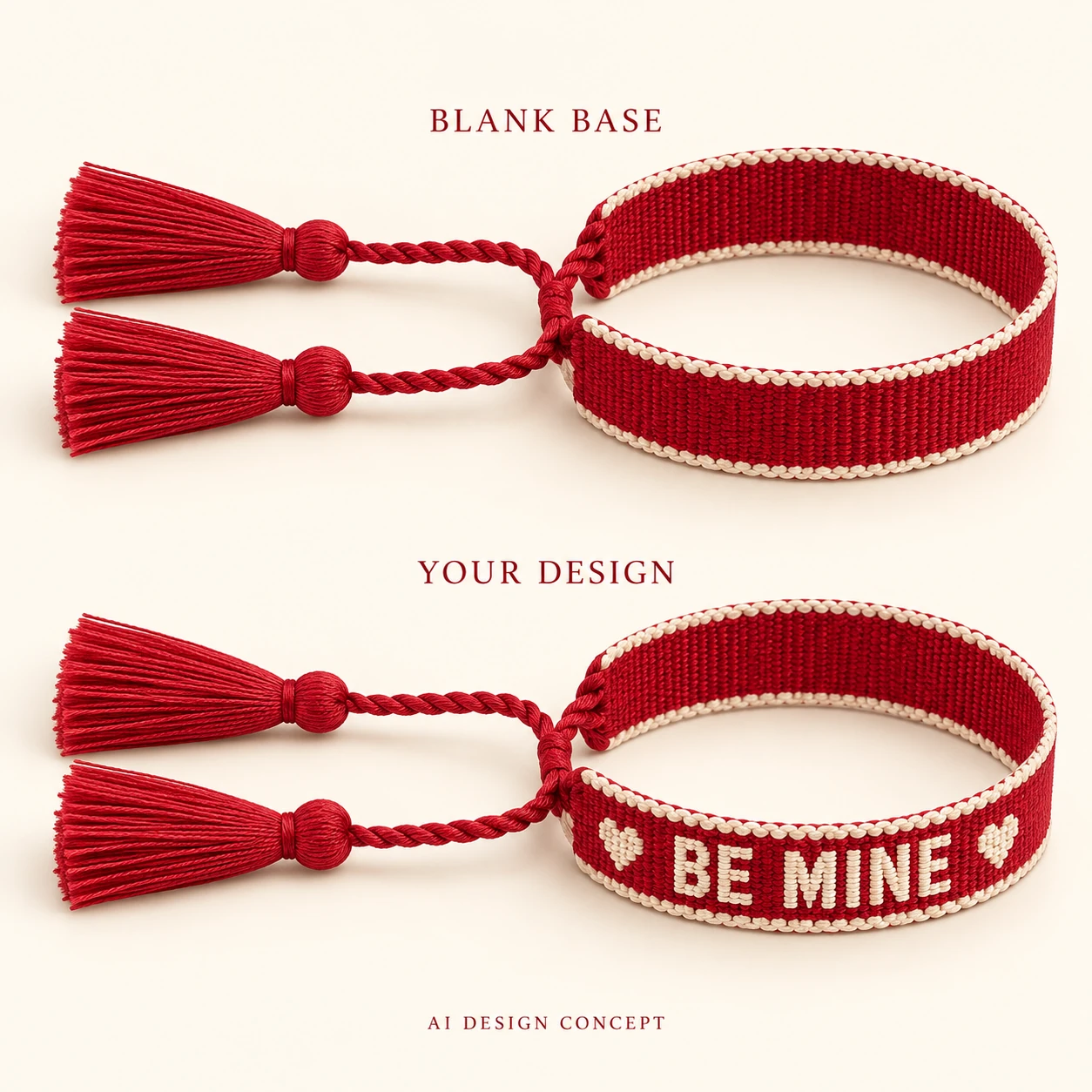 AI concept comparing a crimson red with cream edging blank woven bracelet with BE MINE and two cream hearts