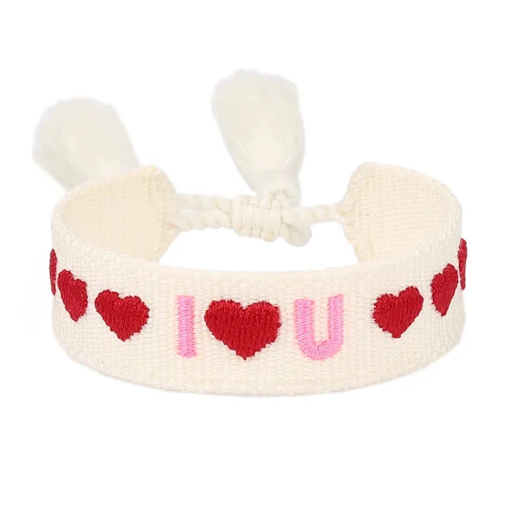 Real white ZM62-60A woven bracelet with pink I and U letters separated by a red heart