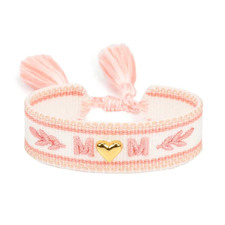 Actual ivory and pink ZM35-126 embroidered M heart M bracelet with a gold colored heart decoration