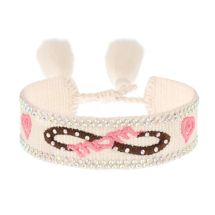 Actual ZM35-60 ivory embroidered bracelet with linked ribbon motif, pink hearts and decorative stones