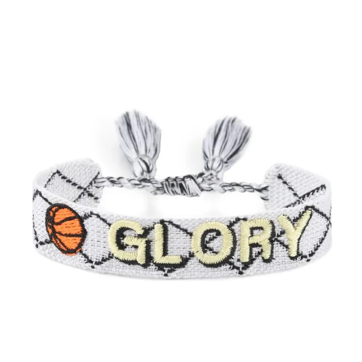 Actual ZM81-2 white embroidered basketball bracelet showing GLORY and an orange basketball motif