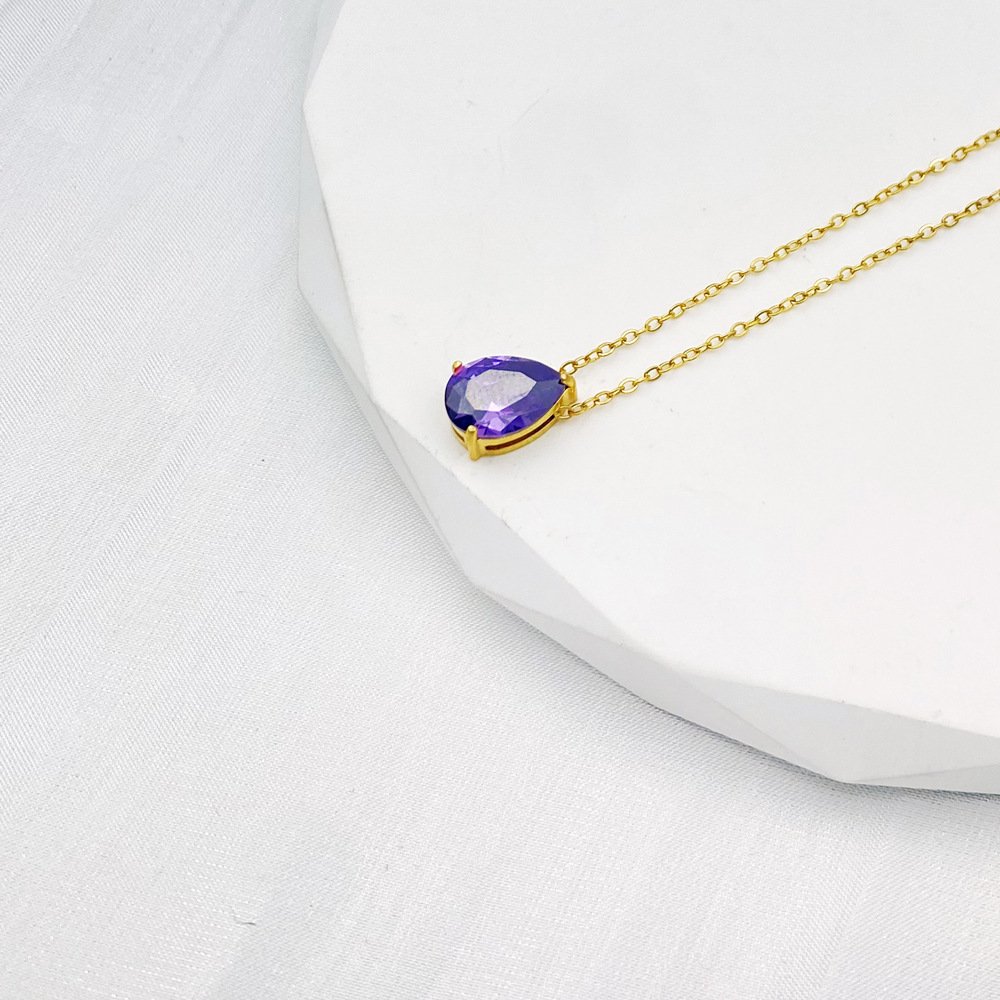 Teardrop Birthstone-Inspired Necklace February / Gold-tone