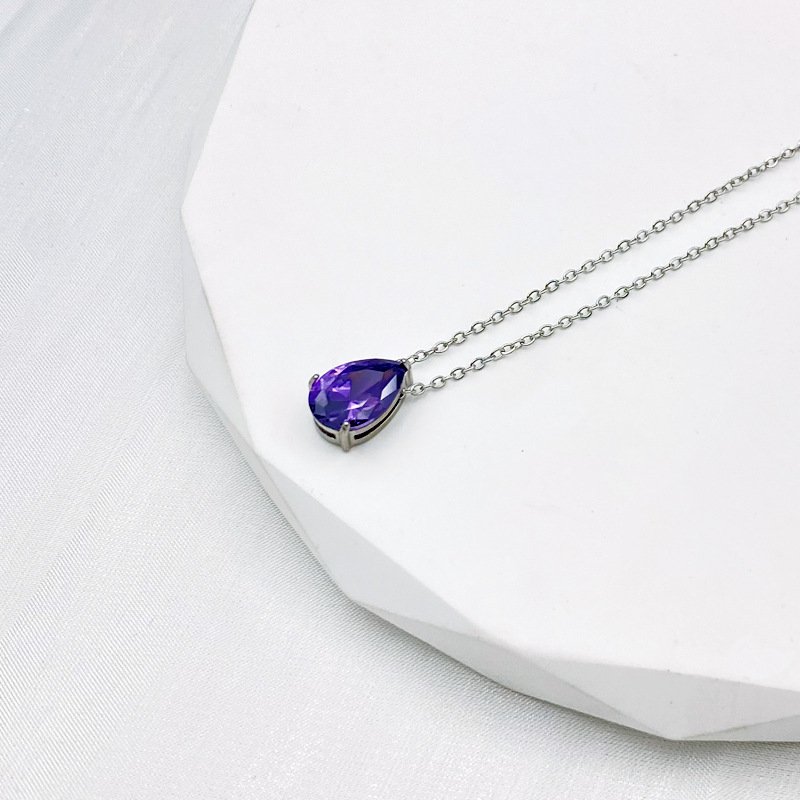 Teardrop Birthstone-Inspired Necklace February / Silver-tone