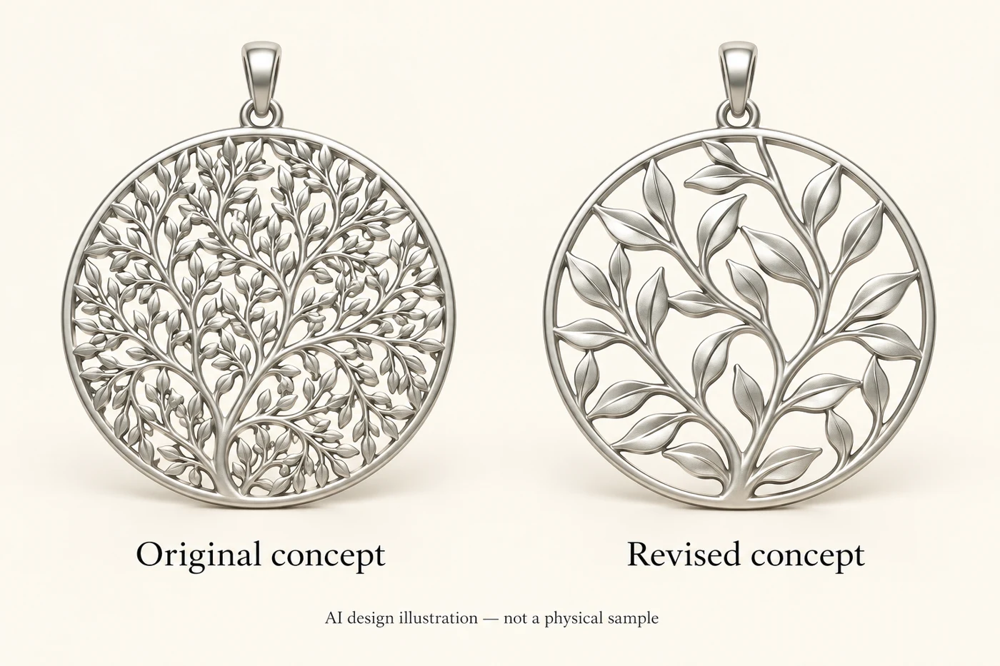 AI concept comparison of dense and simplified botanical pendant detail