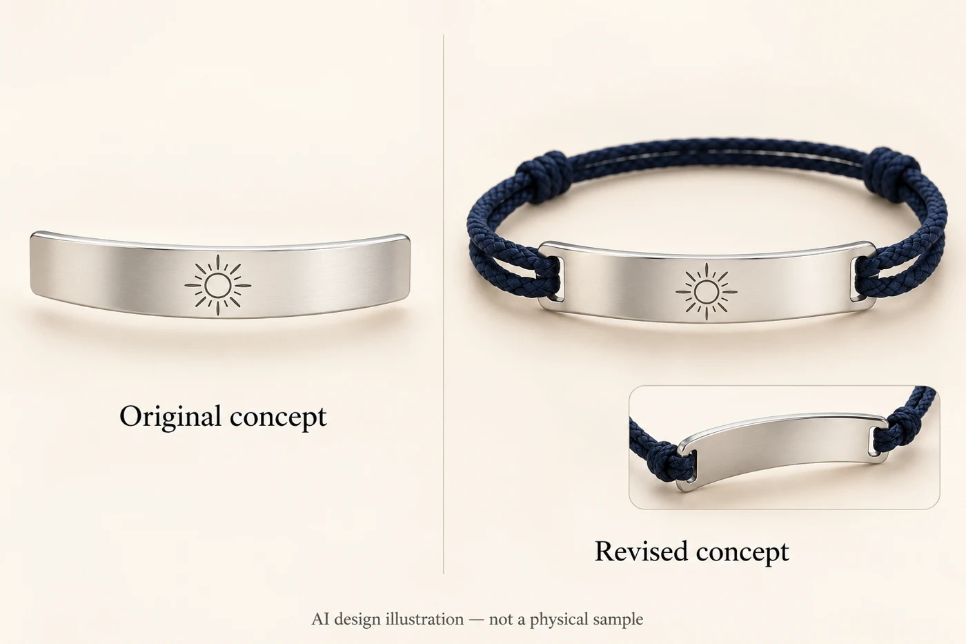 AI concept comparison of a metal bar and a proposed braided cord attachment